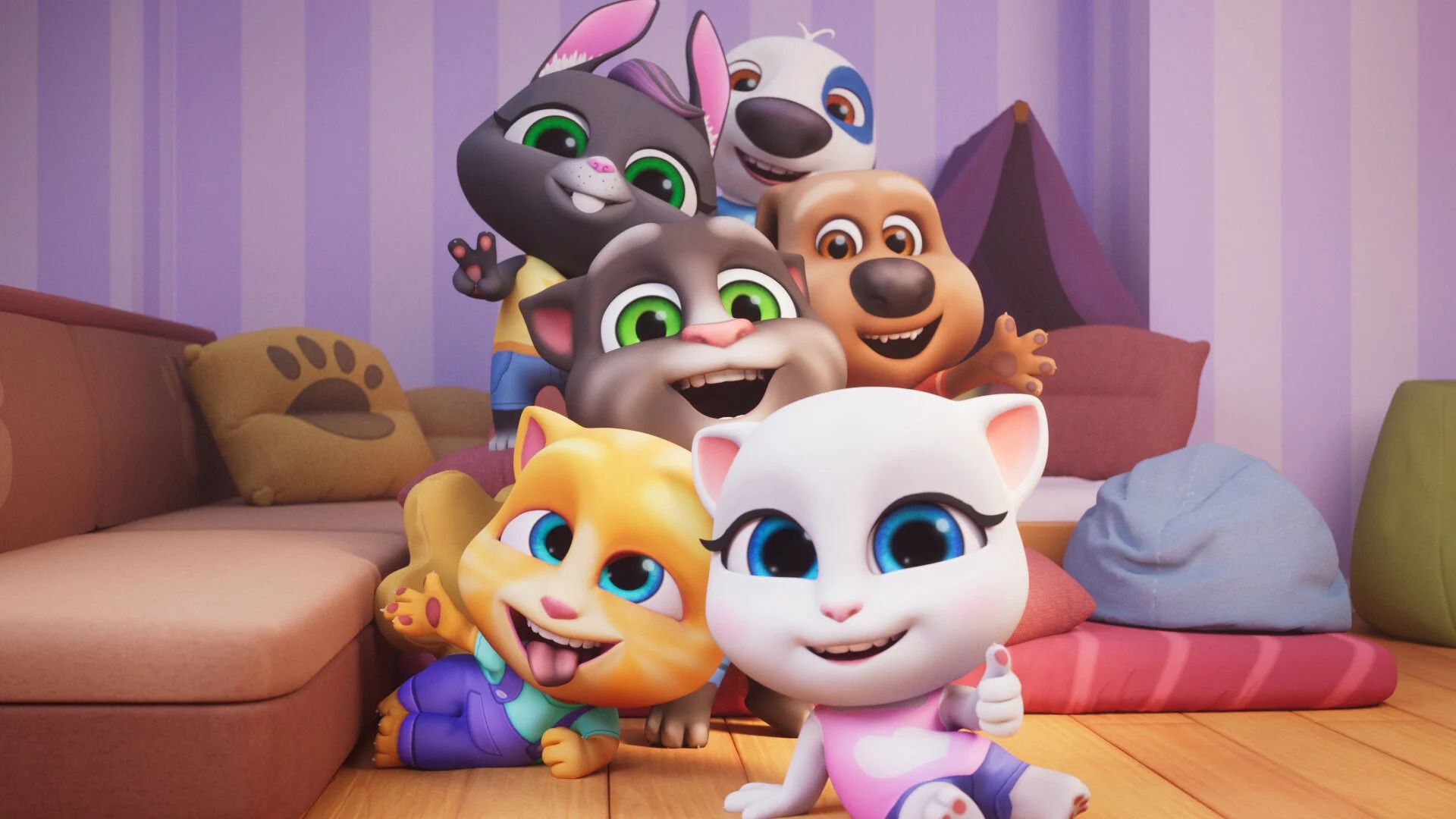 My Talking Tom Friends+ ile en heyecan verici sanal evcil hayvan macerasında Konuşan Tom, Angela, Hank, Ginger, Benn ve Becca'ya katıl!