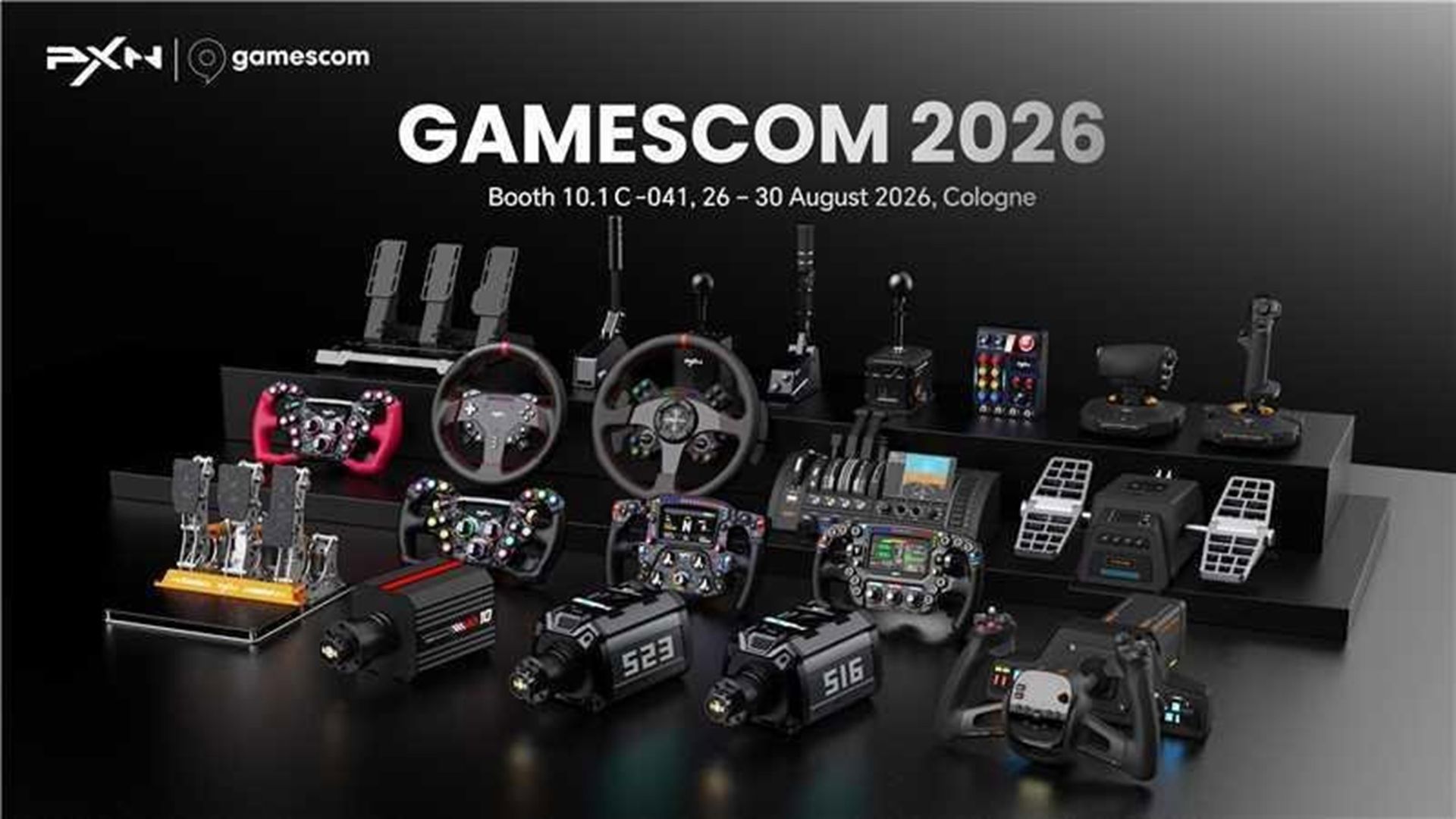 PXN gamescom 2026 kapsamında S16 ve S23 direksiyon tabanlarını, W FC ve W FS Formula direksiyonlarını ve Navos uçuş serisini Hall 10.1'de sergiliyor.
