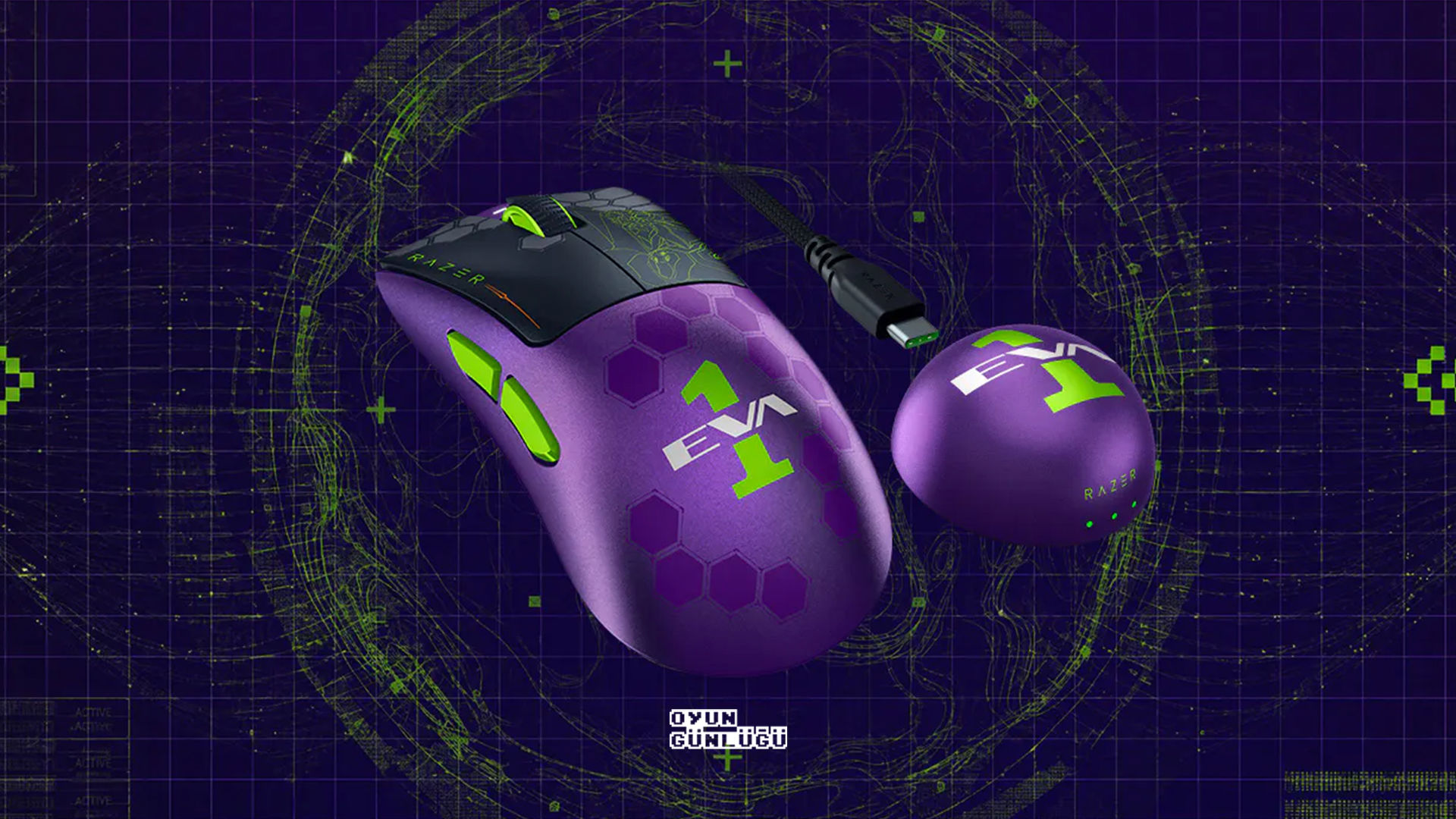 Razer DeathAdder V4 Pro | Evangelion (Eva-01) Edition. Tasarımlar Eva-01 ve pilotu Shinji Ikari’den ilham alıyor.