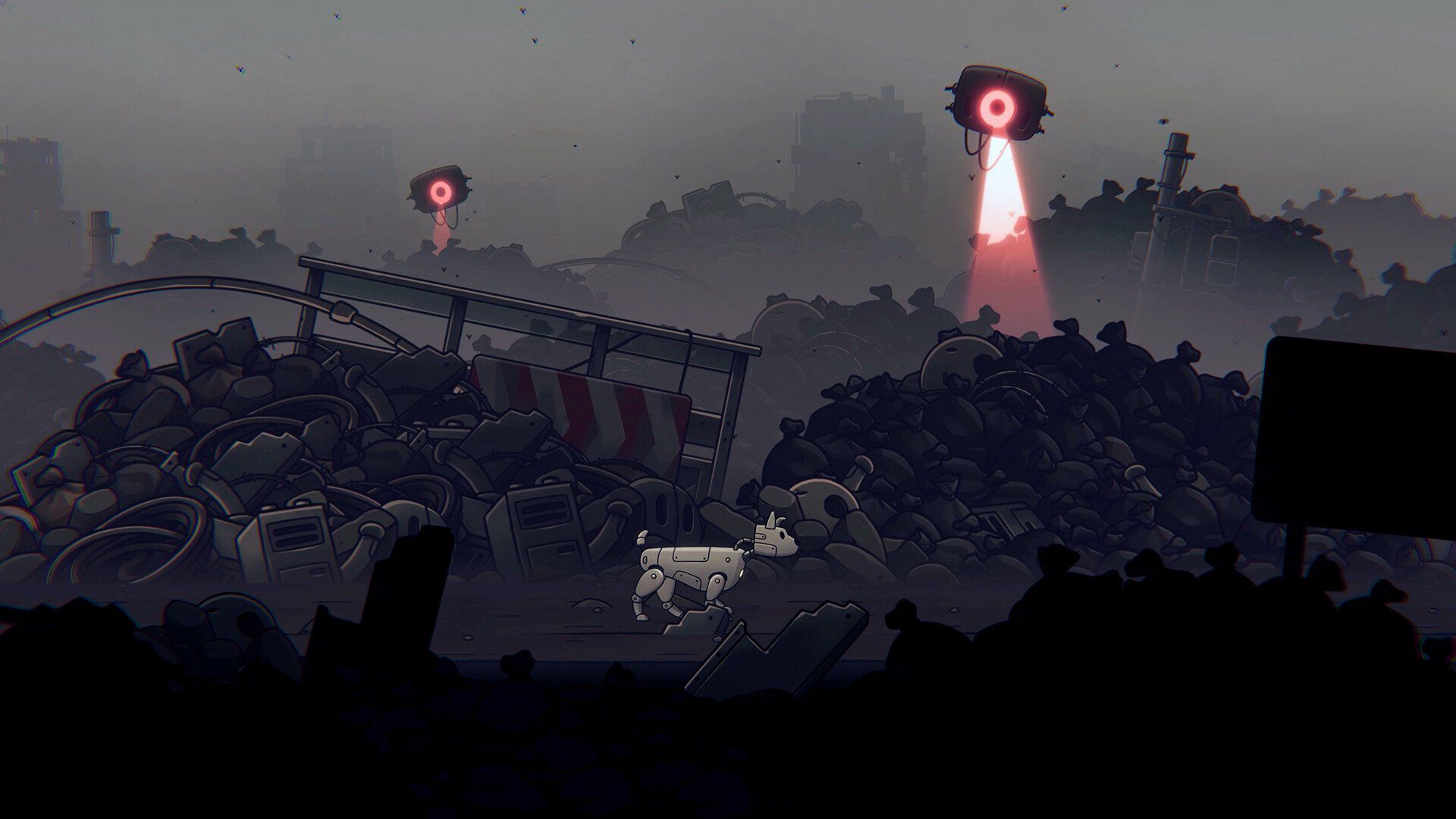 It is set in a post-apocalyptic world where humanity lost to artificial intelligence.