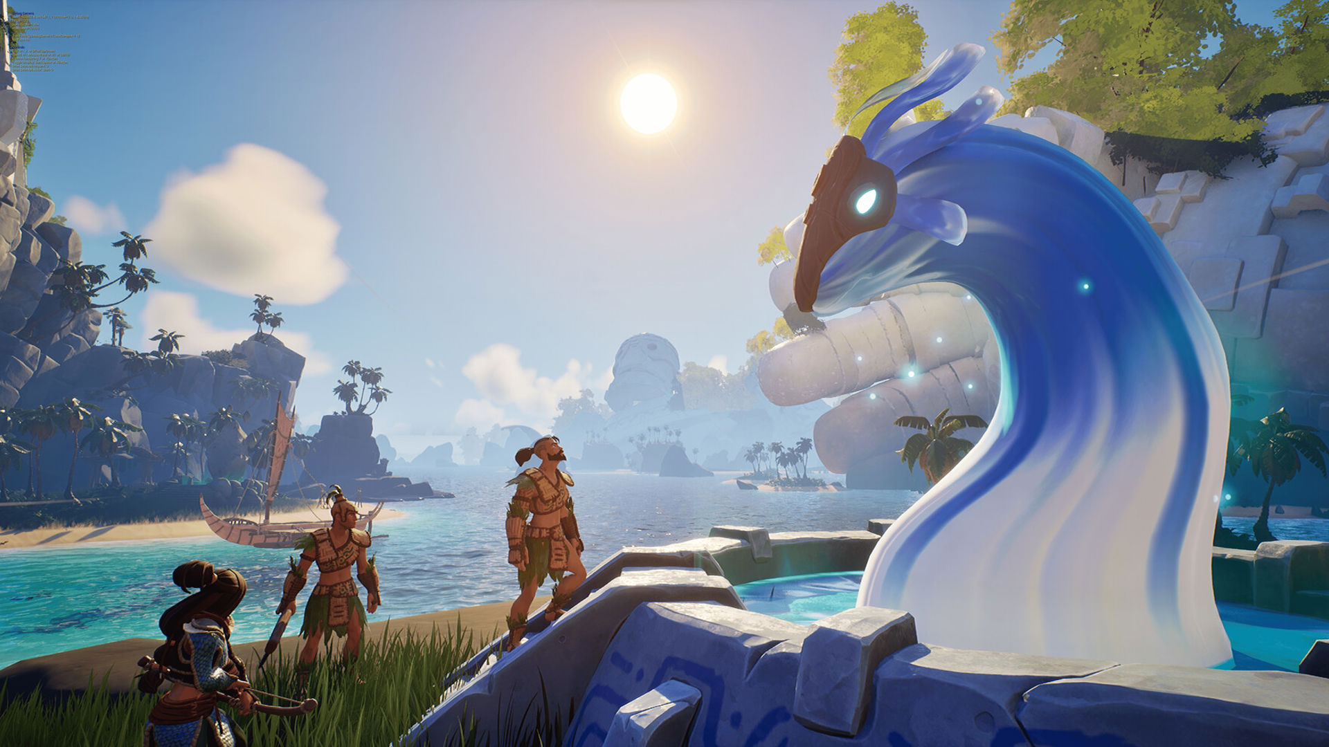 Üç karakter, okyanus kenarındaki bir ruhun önünde.